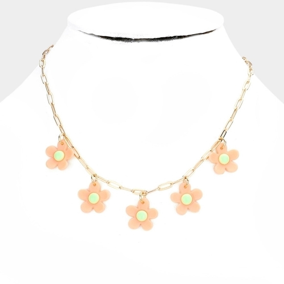 NEW Peach Retro Flower Daisy Daisies Link Necklace - Picture 1 of 5
